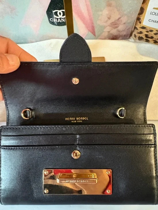 Henri Bendel Black Leather Continental Wallet with Gold Plate Accent - Picture 6 of 9